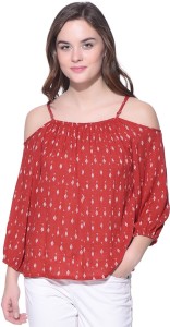 Purys Casual 3/4th Sleeve Printed Women's Red Top