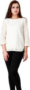 Vaak Casual 3/4th Sleeve Self Design Women's White Top