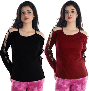 Veakupia Casual Full Sleeve Solid Women's Black, Maroon Top