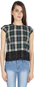 I Am For You Casual Cap Sleeve Checkered Women's Green Top