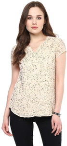 The Office Walk Formal Cap Sleeve Self Design Women's Beige Top