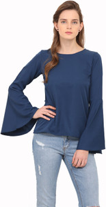 Trend Arrest Party Bell Sleeve Solid Women's Blue Top