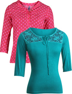 Vvoguish Casual 3/4th Sleeve Printed Women's Pink, Green Top