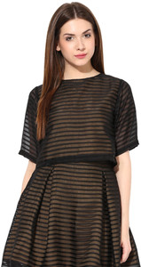 Miss Chase Casual Short Sleeve Striped Women's Black Top