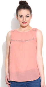 Vaak Casual Sleeveless Solid Women's Orange Top