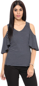 Hypernation Casual Bell Sleeve Striped Women's Blue, White Top