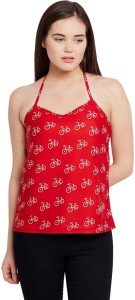 VirgoStreet Casual Noodle strap Printed Women's Red Top