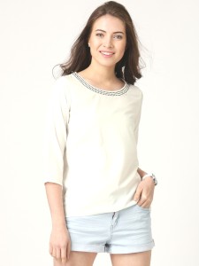 Marie Claire Casual 3/4th Sleeve Embellished Women's White Top