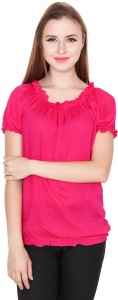 TeeMoods Casual Puff Sleeve Solid Women's Pink Top