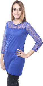 Crease & Clips Casual 3/4th Sleeve Solid Women's Blue Top