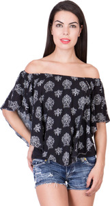 Khhalisi Party Cap Sleeve Printed Women's Black Top