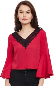 Popnetic Casual Bell Sleeve Solid Women's Pink Top