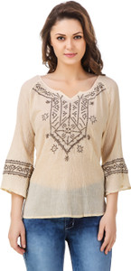 99 Affair Casual Balloon Sleeve Embroidered Women's Beige Top