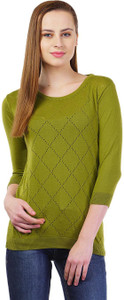 Kalt Casual 3/4th Sleeve Self Design Women's Green Top