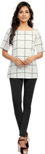 Ziyaa Party Short Sleeve Checkered Women's White Top