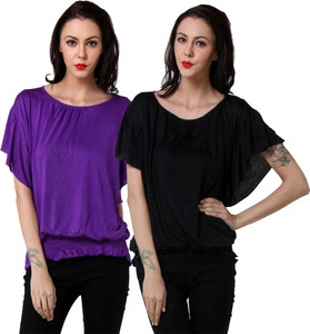 TeeMoods Casual Butterfly Sleeve Solid Women's Black, Purple Top