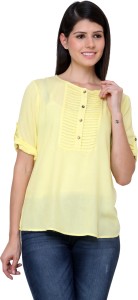 Vaak Casual Roll-up Sleeve Solid Women's Yellow Top