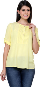 Vaak Casual Roll-up Sleeve Solid Women's Yellow Top