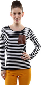 Miss Chase Casual Full Sleeve Striped Women's Black Top
