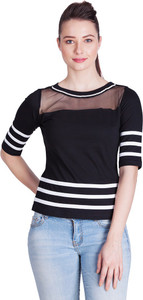 Veakupia Party Short Sleeve Striped Women's Black, White Top