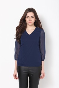 Harpa Casual 3/4th Sleeve Solid Women's Blue Top