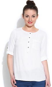 Vaak Casual Roll-up Sleeve Solid Women's White Top