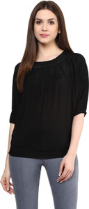 Mayra Party Short Sleeve Solid Women's Black Top