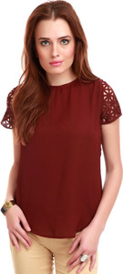 Sassafras Casual Short Sleeve Solid Women's Maroon Top