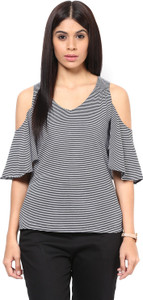 Hypernation Casual Bell Sleeve Striped Women's Black, White Top