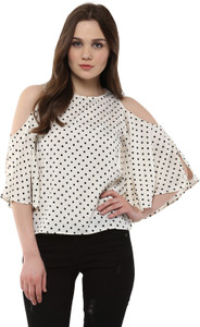 Harpa Casual 3/4th Sleeve Polka Print Women's White Top