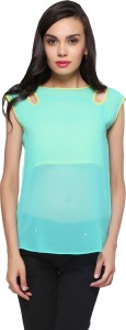 Delfe Casual Sleeveless Solid Women's Green Top