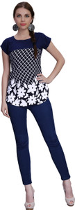 Ziyaa Casual Cap Sleeve Printed Women's Blue Top