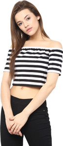 Miss Chase Party Short Sleeve Striped Women's Black Top