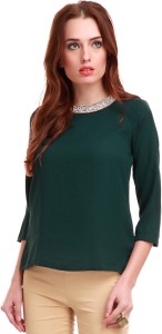 Sassafras Casual 3/4th Sleeve Solid Women's Green Top