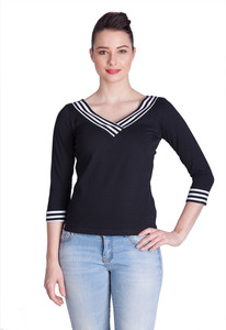 Veakupia Casual 3/4th Sleeve Solid Women's Black Top