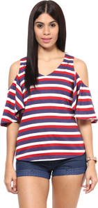 Hypernation Casual Bell Sleeve Striped Women's Red, Blue, White Top