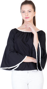 Khhalisi Party Bell Sleeve Printed Women's Black Top