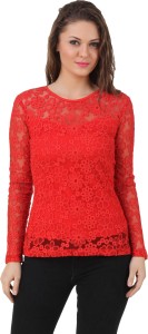 Texco Party Full Sleeve Self Design Women's Red Top