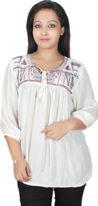 Plus Wink Casual 3/4th Sleeve Embroidered Women's White Top
