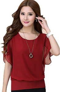 JTInternational Casual Butterfly Sleeve Solid Women Maroon Top
