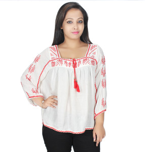 Plus Wink Casual 3/4th Sleeve Embroidered Women's White Top