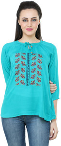 BuyNewTrend Casual 3/4th Sleeve Embroidered Women's Light Blue Top