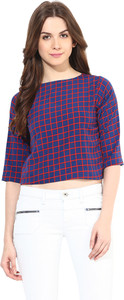 Miss Chase Casual Short Sleeve Checkered Women's Blue Top