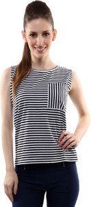 Miss Chase Casual Sleeveless Striped Women's Black Top