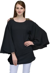Natty India Casual Butterfly Sleeve Solid Women's Black Top