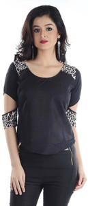 Veakupia Casual 3/4th Sleeve Animal Print Women's Black Top
