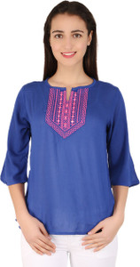 BuyNewTrend Casual 3/4th Sleeve Embroidered Women's Blue Top