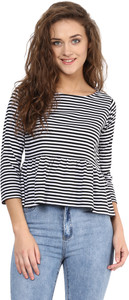 Miss Chase Casual 3/4th Sleeve Striped Women's Black Top