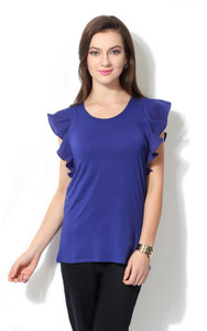 Van Heusen Casual Butterfly Sleeve Solid Women's Blue Top