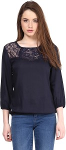 Harpa Casual 3/4th Sleeve Solid Women's Dark Blue Top